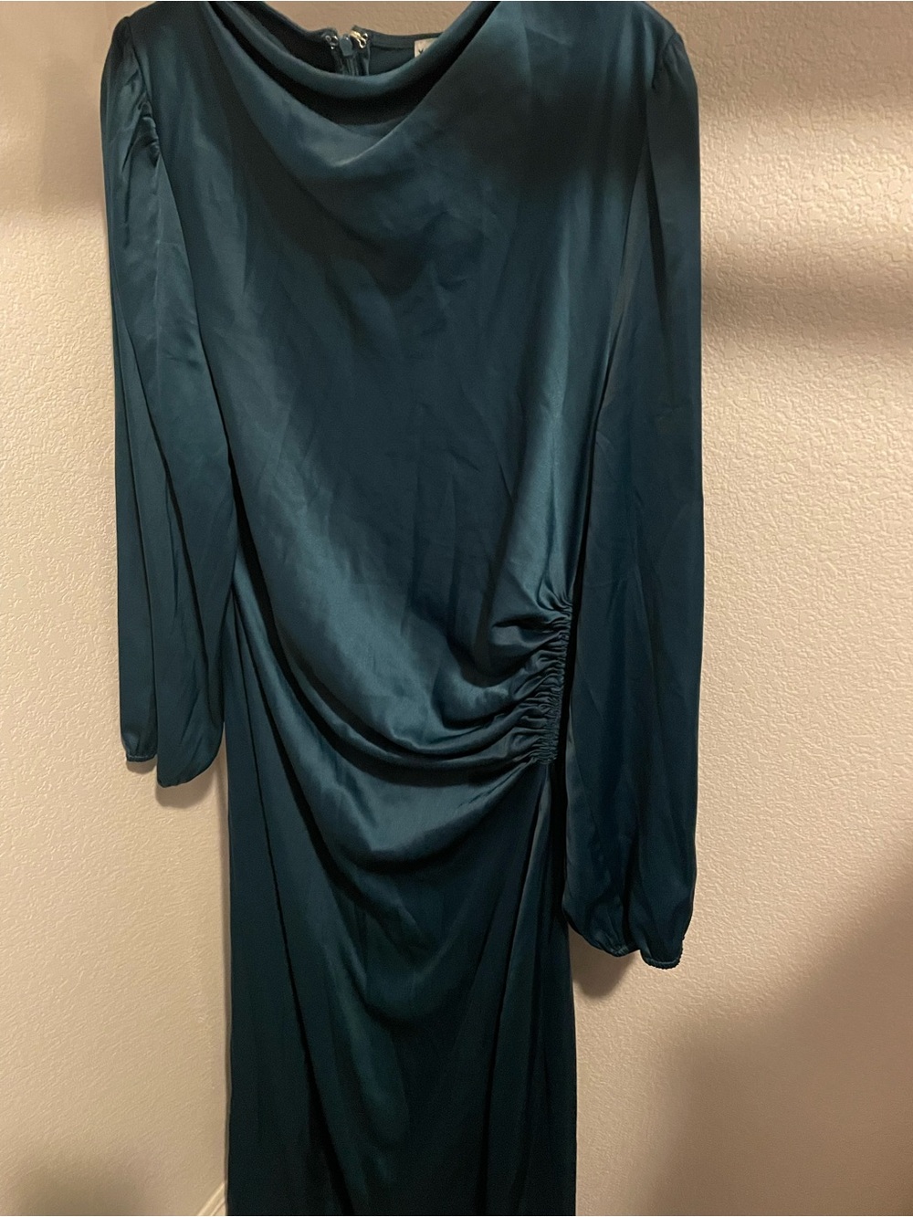 Satin Teal Midi Dress with Draped Side Ruching